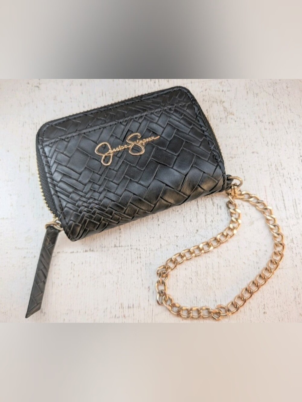 Jessica Simpson Black Basketweave Wallet Mini Clutch Pleather Goldtone Leopard